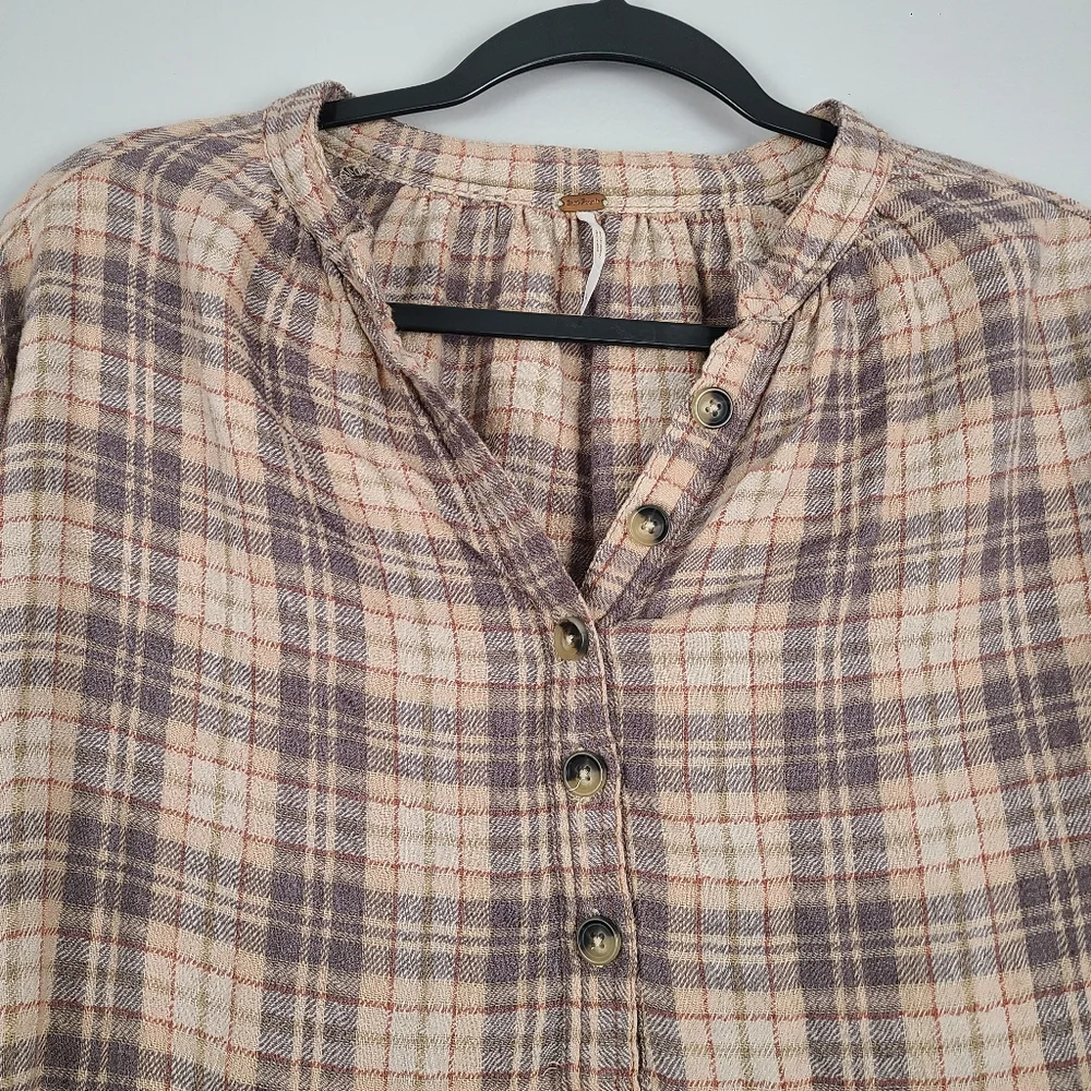 Free People Northern Bound Oversized Flannel Balloon Sleeve Top in Beige Combo